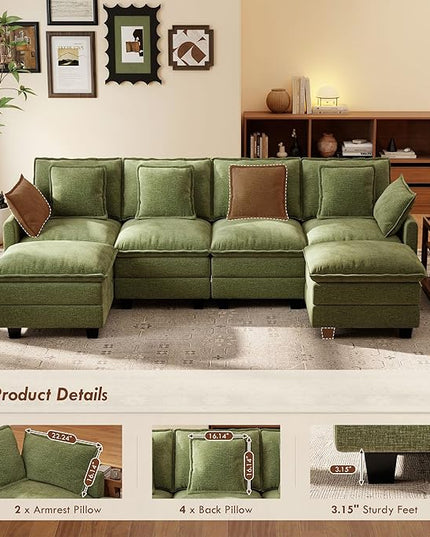 Ihanherry 106" U-Shaped Modern Sofa Modular Sectional Cloud Couch 6-Seat Chenille Seat Sofa with Ottoman for Living Room, Bedroom and Apartment, Green
