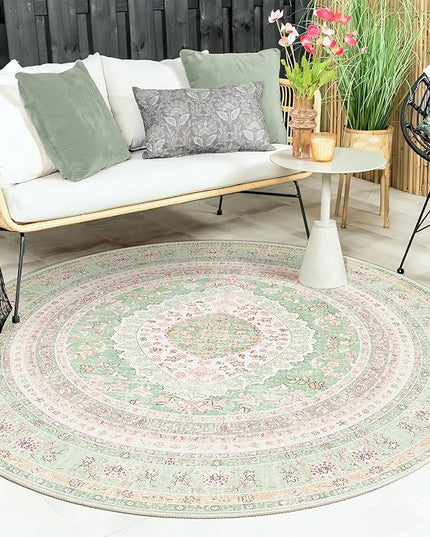Round Area Rugs 6ft Washable,Green Rug for Living Room Bedroom Dining Room,Large Boho Vintage Bohemian Distressed Oriental Carpet Non Slip,Sage Blush Floral