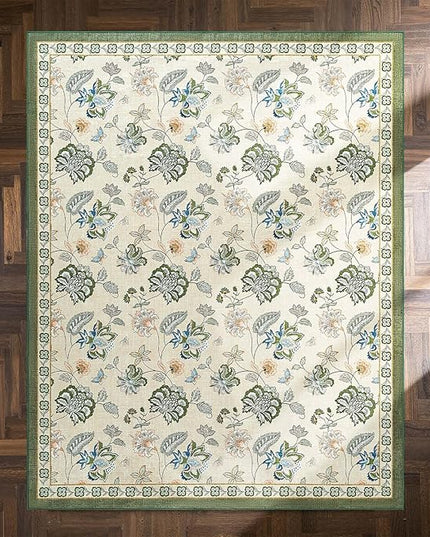 jinchan Elora 8x10 Floral Rug for Living Room Washable Bedroom Rug Vintage Romance Christmas Design Non Slip Thin Indoor Floor Cover Large Low-Profile Throw Carpet for Dining Room Office, Green/Beige