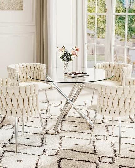 5 Pieces Round Glass Dining Set, Modern Luxury Circle Kitchen Table Set for 4, 39'' Clear Minimalist Circular Glass Top Dinner Room Set with Ivory Woven Chair, for Small Apartment (Silver)