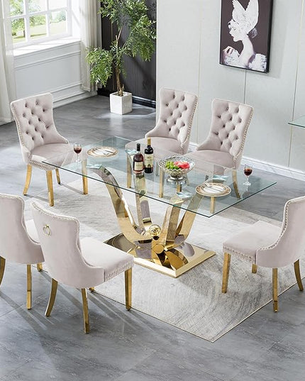 7-Piece Glass Dining Table Set w/6 Beige Upholstered Dining Chairs, 70in Rectangular Large Kitchen Table Set for 6, Glass and Gold Dining Table and Chair Set for 6