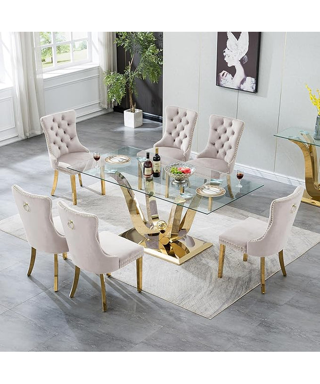 7-Piece Glass Dining Table Set w/6 Beige Upholstered Dining Chairs, 70in Rectangular Large Kitchen Table Set for 6, Glass and Gold Dining Table and Chair Set for 6