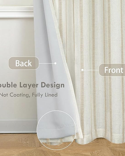 DriftAway Farmhouse Linen Blend Blackout Curtains 36 Inches Long for Bedroom Vertical Striped Printed Grommet Curtains Thermal Insulated Lined for Living Room 2 Panels W52 x L36 Camel Beige