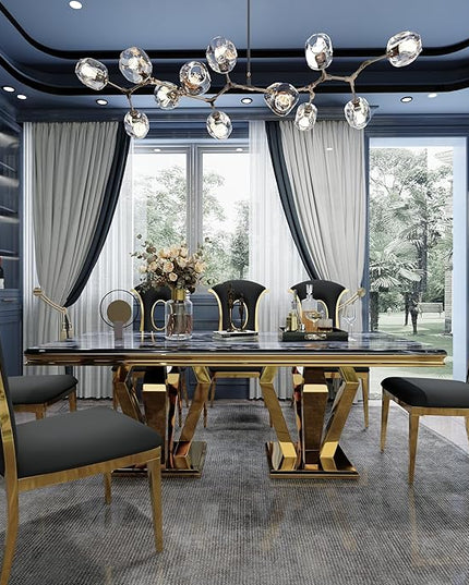 Luxury Dining Table, Black and Gold Dining Room Table, 78 inch Rectangle Dining Table with Polished Gold Double Pedestal for 4-8