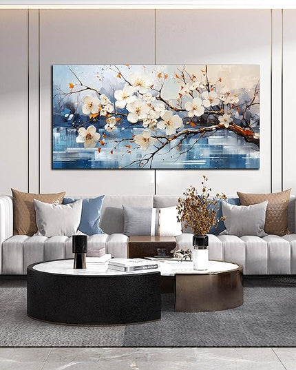 GUGIKA Flower Wall Art for Living Room, White Plum Blossom Canvas Wall Decor for Bedroom, Floral Picture Print, Size 48x24 Inches