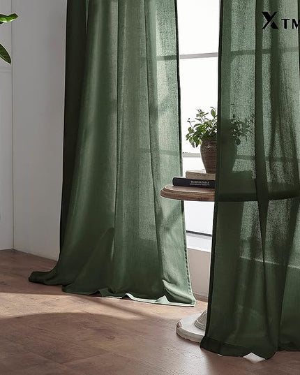 XTMYI 102 Inch Length Olive Green Sheer Linen Curtains 2 Panels Set,Hook Belt Pleated Back Tab Cotton Polyester Blend Light Filtering Semi Sheer Curtain Drapes for Living Room Bedroom,50x102 in Long