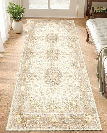 Washable Runner Rug 2'x6',Boho Rug Runners Non Slip,Long Rugs for Hallways Kitchen Bathroom Bedroom Entryway,Vintage Bohemian Distressed Floor Carpet,Beige Gold Floral