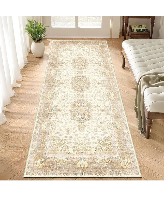 Washable Runner Rug 2'x6',Boho Rug Runners Non Slip,Long Rugs for Hallways Kitchen Bathroom Bedroom Entryway,Vintage Bohemian Distressed Floor Carpet,Beige Gold Floral