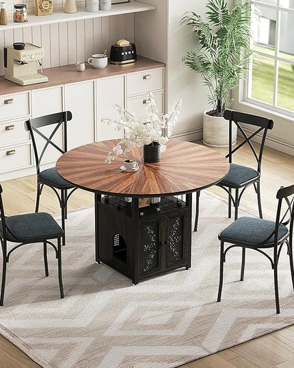 47" Round Dining Table Set for 4-6 People, Large Farmhouse Kitchen Dining Table Set with Chairs and Storage Rack, Metal Base Round Table for Home Dining Room Living Room (Cat table and 4 black chairs)