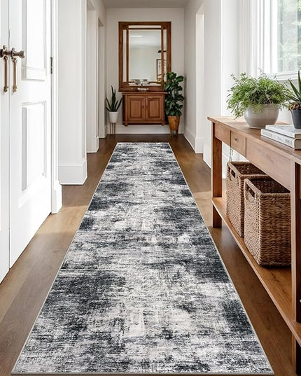 IOHOUZE Abstract Runner Rug 2x12 Ft Washable Runners for Hallways, Non Slip Kitchen Runner Printed Faux Wool Entryway Runner Indoor, Modern Abstract Floor Carpet for Hall Kitchen, Black Gey