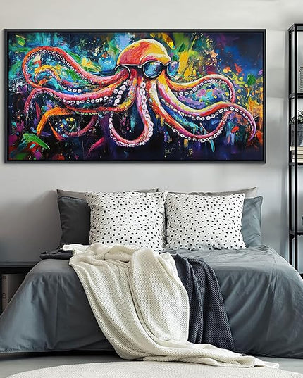 JEAWA Abstract Graffiti Wall Art, Large Framed Funny Octopus Street Cool Pop Art Texture Canvas Paintings for Living Room Bedroom kitchen Home Wall Decor and Gifts for Men 29x58 IN