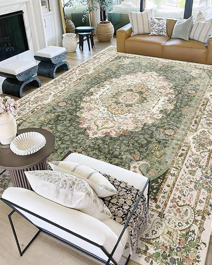 9x12 Area Rugs Washable,Green Rug for Living Room Bedroom Dining Room,Large Boho Vintage Bohemian Distressed Carpet Non Slip,Floral
