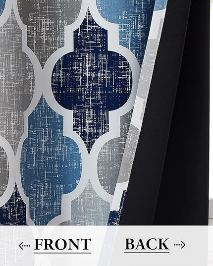 Beauoop 100% Blackout Curtains 96 Inches Long 2 Panels for Bedroom Living Room Blue Grey Moroccan Geo Room Darkening Thermal Insulated Soundproof Grommet Top Window Treatments Drapes, 50x96 Set of 2