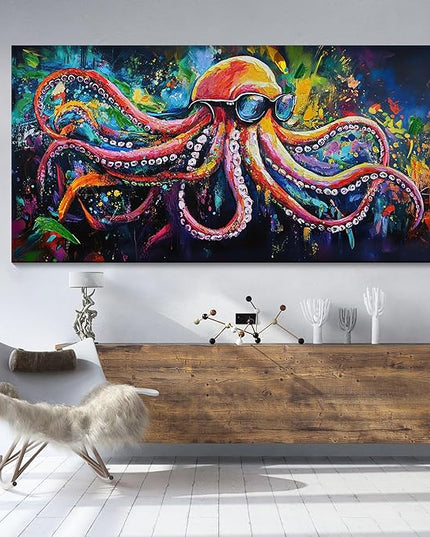 JEAWA Abstract Graffiti Wall Art, Large Size Funny Octopus Street Cool Pop Hand Drawn Texture Canvas Paintings for Living Room Bedroom Men Teenage Boy Game Room Picture Wall Decor 29x58 IN