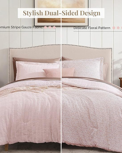 King Comforter Set - 7 Pieces Pink Gauze Muslin Bedding Sets for All Seasons, Lightweight Breathable Bed in a Bag King with Revesible Farmhouse Comforter, Sheets, Pillowcases & Shams