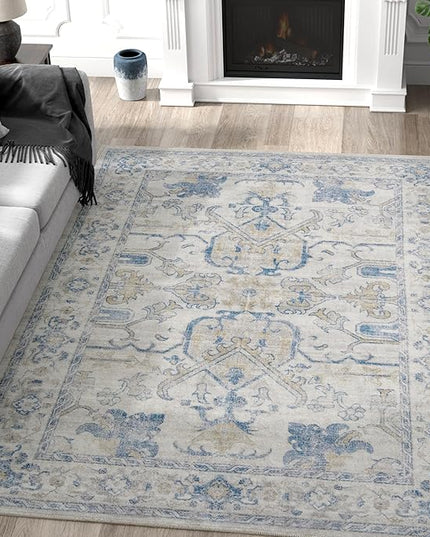 jinchan 4x6 Machine Washable Area Rugs Ultra-Thin Soft Throw Rug Low Pile Non-Slip Stain Resistant Distressed Vintage Floral Carpet for Bedroom, Living Room, Dining Room, Kitchen, Nursery(4x6ft, Blue)