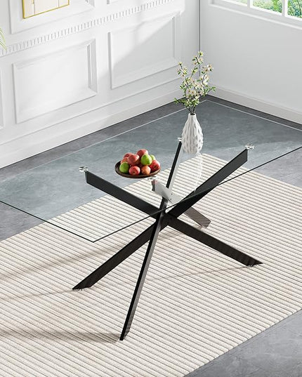 60" Rectangular Glass Dining Table Modern Kitchen Glass Top Table for 6 with Black Metal Legs, Clear Dining Table Kitchen Table for Home Office Dining Room