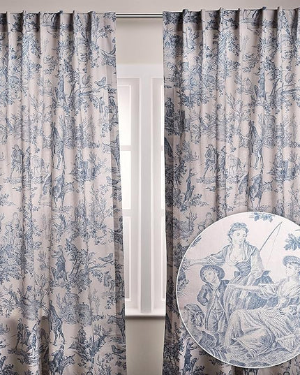 Maison d' Hermine Curtains for Living Room 100% Cotton 84 inch Length Two Panels Light Filtering Toile Curtains for Bedroom Windows with Rod and Loop Pockets Drapes (The Miller Denim, 50" W x 84" L)