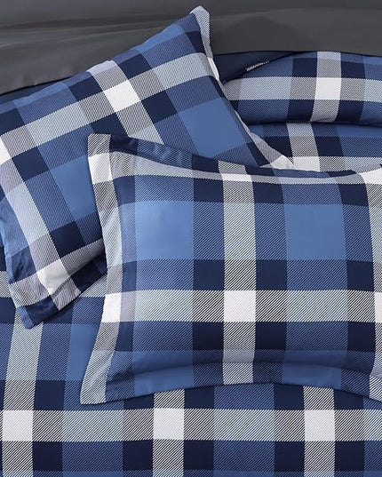 MaiRêve Queen Size Plaid Comforter Set Indigo Blue, Classic Checkered 7 Pieces Farmhouse Bedding Set, All Season Lightweight Bed in A Bag with Sheets, Pillowcases & Shams