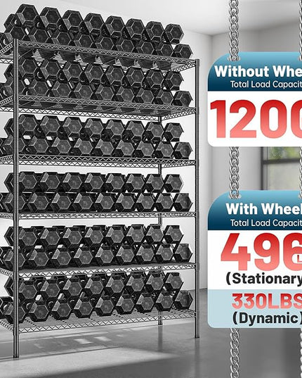 82" H X45 W X18 D Storage Shelves with Wheels, 6 Tier Wire Shelving Adjustable Metal Shelving Pantry Shelves Capacity 1200LBS for Garage Shelving, Pantry, Kitchen, Closet, Black,2P