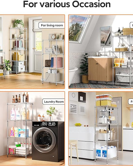 4 Tiers Shelf Metal Storage Shelves Wire Rack Closet Organizers with Wheel for Garage Kitchen Bathroom Laundry Chrome 11.8" D x 17.7" W x 41.9" H