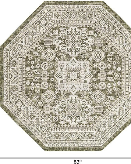 Rugs.com Outdoor Aztec Collection Rug – 5 Ft Octagon Green Flatweave Rug Perfect for Living Rooms, Kitchens, Entryways