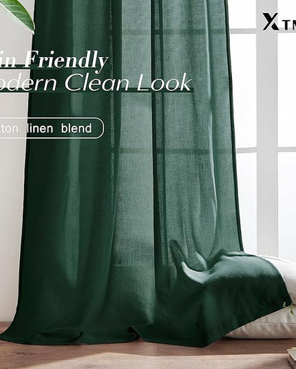 XTMYI Luxury Curtains for Living Room,Emerald Dark Green Sheer Linen to Match Gold Art Deco Curtains for Bedroom,Set of 2 Panel Curtains,50 Wide x 108 Inches Long