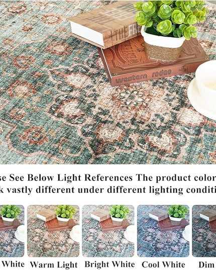 Washable Oriental Area Rug - 9x12 Rugs for Living Room Soft Carpet for Bedroom Waterproof Floral Distressed Indoor Stain Resistant Non-Shedding Floor Carpets (Green, 9x12)