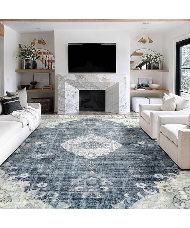 MUJOO Blue Grey Rug 9'x12' Area Rugs for Living Room Dining Room Washable Rugs Large Rug Boho Rug for Bedroom Non Slip Abstract Soft Low-Pile Floral Flowers