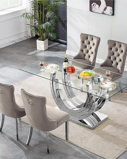 Henf 5-Piece Dining Table Set with 4 Upholstered Dining Chairs, Large Dining Table and Chair Set for 4, Modern Glass Kitchen Table Furniture for Dining Room, Glass Top and Stainless Steel Pesestal