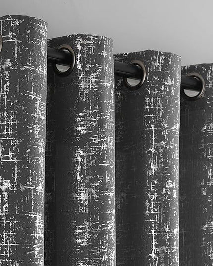 Taisier Home Dark Grey Silver Room Darkening Curtains 95 Inch - Blackout Geometric Dots Drapes, Set of 2 Silver Foil Print Linen Panels for Bedroom Living Room Decor