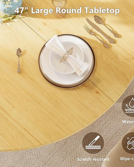 Round Dining Table for 4-6, Kitchen Table with Sturdy Double Arc & Rounded Base & Backboard Clasp Desktop, Mid-Century Modern Circle Dinner Table for Dining Living Room, Space Saving, Natrual