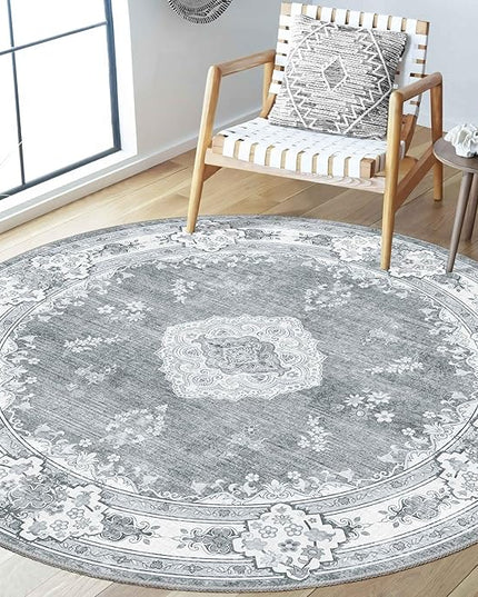 MUJOO Grey Round Rug 5ft,Circle Washable Area Rugs for Bedroom Living Room Bathroom,Boho Vintage Bohemian Distressed Farmhouse Large Non Slip Circular Carpet,Floral