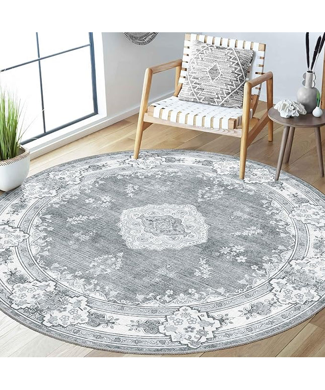 MUJOO Grey Round Rug 5ft,Circle Washable Area Rugs for Bedroom Living Room Bathroom,Boho Vintage Bohemian Distressed Farmhouse Large Non Slip Circular Carpet,Floral