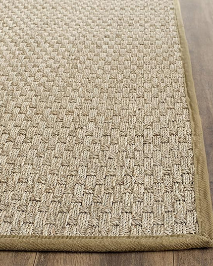 SAFAVIEH Area Rug 8' Square - Natural Fiber Collection - Natural & Olive Green, Seagrass, Basketweave Pattern with Border (NF114G)