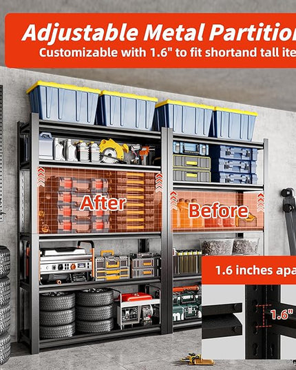 48" W Garage Shelving,5-Tier Heavy Duty Shelving Unit,3000LBS Adjustable Metal Storage Shelves,Storage Rack Units for Industrie,Shed,Warehouse,Basement,Black,48" W x 20" D x 72" H