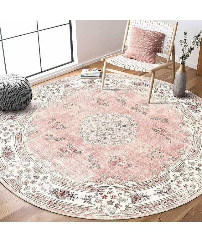 MUJOO Pink Round Rug 6ft,Circle Washable Area Rugs for Bedroom Living Room Bathroom,Boho Large Non Slip Circular Carpet,Blush Floral