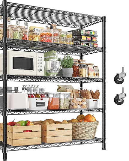 REIBII 1984LBS Storage Shelves with Wheels 75.2"H Wire Shelving Unit, Metal Shelving with Wheels & Feet, 5 Tier Adjustable Metal Dorm Storage Shelves for Pantry Kitchen Garage, 75.2"H x 35.5"W x 16"D