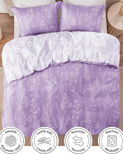 Love's cabin Lavender Comforter Set Queen - Queen Size Comforter Set, 3 Pieces Cute Floral Bedding Sets for All Seasons,1 Soft Reversible Botanical Flowers Comforter and 2 Pillow Shams