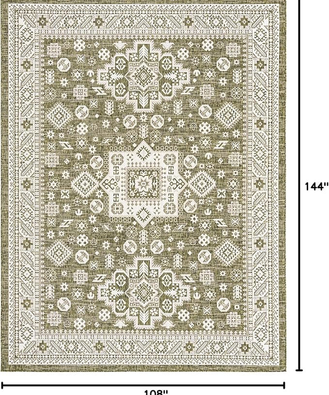 Rugs.com Outdoor Aztec Collection Rug – 9' x 12' Green Flatweave Rug Perfect for Living Rooms, Large Dining Rooms, Open Floorplans