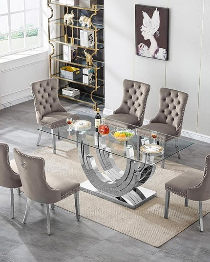 7-Piece Glass Dining Table Set with 6 Upholstered Dining Chairs, Large Dining Table and Chair Set for 6, Modern Glass Kitchen Table Furniture for Dining Room, U Shape and Stainless Steel Pesestal