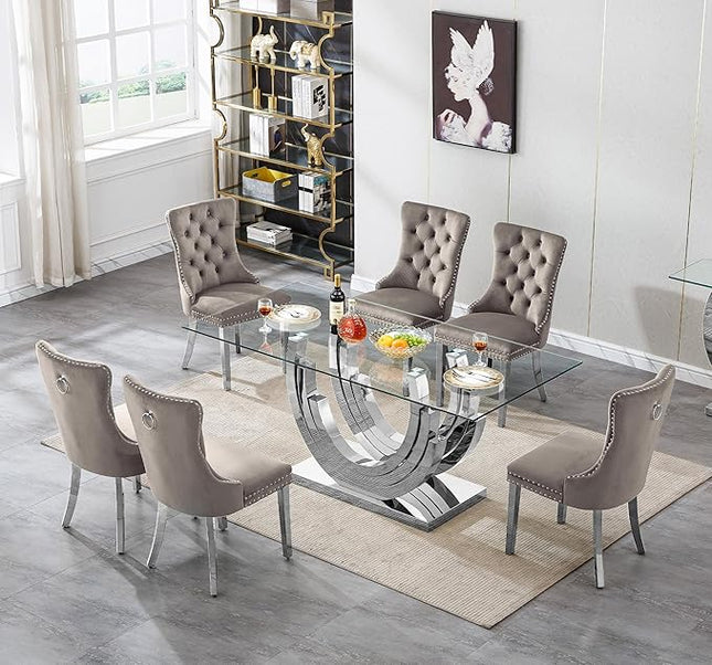 7-Piece Glass Dining Table Set with 6 Upholstered Dining Chairs, Large Dining Table and Chair Set for 6, Modern Glass Kitchen Table Furniture for Dining Room, U Shape and Stainless Steel Pesestal