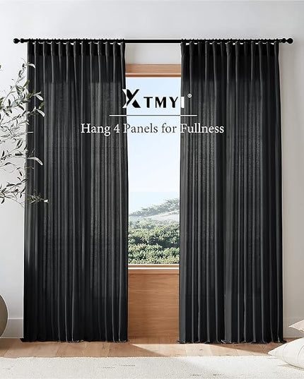 XTMYI Black Curtains 96 Inches Long for Bedroom 2 Panels Linen Sheer Lace Farmhouse Boho Gothic Curtain Drapes for Living Room Home Decor