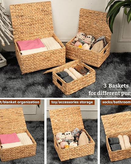 Wicker Storage Baskets with Lid, Basket With Lid Decorative Storage Rectangle 14"D X 11"W X 7"H Wicker Storage Basket With Lid Large Rattan Storage Box Hyacinth Baskets