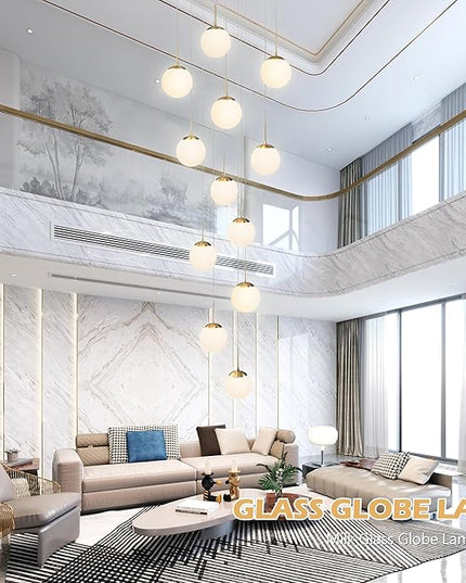 KoKo&Yukina 12-Light Gold Mid Century Modern Chandelier for Living Room Staircase Chandelier for Entryway Globe Milky White Glass Pendant Light High Ceiling Chandeliers Foyer (Bulb & Remote Incl.)