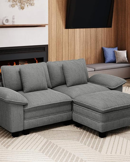 87" L-Shaped Sectional Sofa, Modular Cloud Couch with an Ottoman, Deep Seating, Removable Arms, Soft Corduroy Upholstery for Living Room, Apartment, Gray