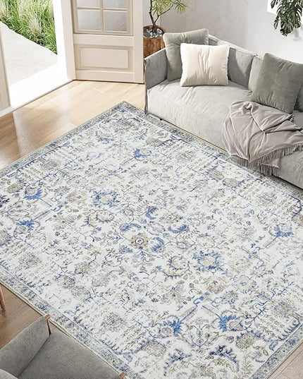 jinchan Kalen Area Rug 8x10 Washable Living Room Rug Soft Vintage Indoor Thin Retro Distressed Floor Cover Blue Floral Country Boho Rug Non Slip Carpet for Bedroom Office Dining Room