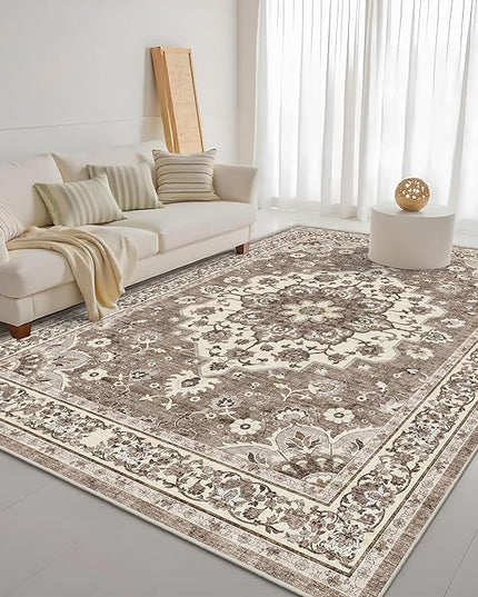 Dining Room Rugs for Under Table - Washable 6x8 Area Rug for Living Room Bedroom Soft Low Pile Non Slip Stain Resistant Carpet - Perfect for Homes with Pets & Kids (Beige, 6x8)
