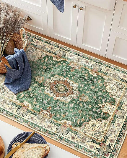 Small Rugs 2'x3',Green Rug for Entryway Bathroom Kitchen Entrance Doormat,Boho Vintage Bohemian Distressed Washable Accent Indoor Mat Floor Throw Carpet Non Slip,Retro Sage Floral