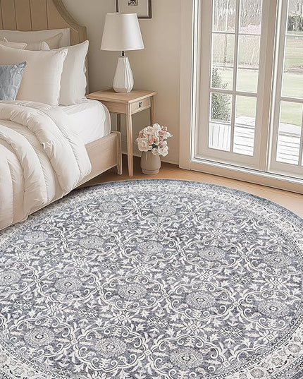 jinchan Round Rug 8ft Washable Circle Soft Rug - Low Pile Vintage 8'Round Indoor Grey Floral Print Stain Resistant Boho Carpet Ultra-Thin Non-Slip for Living Room Bedroom Dining Room Kitchen